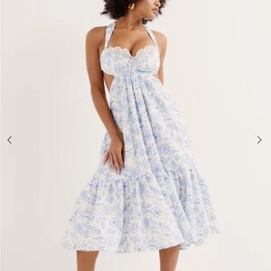For Love & Lemons Maisie Blue and White Midi Dress Women’s Size Medium